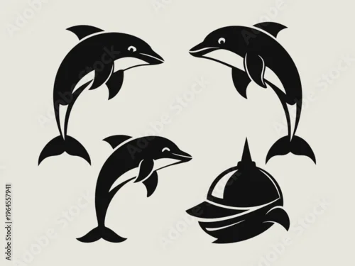 Fototapeta Four stylized black and white dolphins swimming in formation