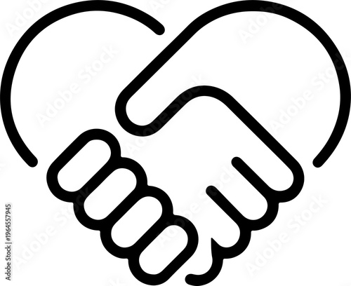 Handshake icon in heart shape. Shaking hand representing partnership, trust, friendship, teamwork and more. Transparent PNG and vector