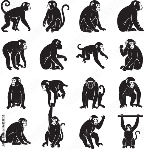 Monkey icons, black monkey silhouettes, primate illustrations, vector monkey graphics