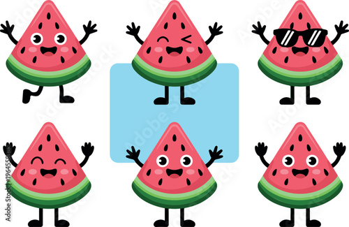 Cute watermelon slice character with funny face vector, smiling fruit cartoon illustration, summer food mascot design