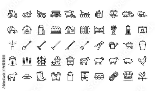 Agriculture line icons set with farming tools crops and rural life elements minimal black and white vector