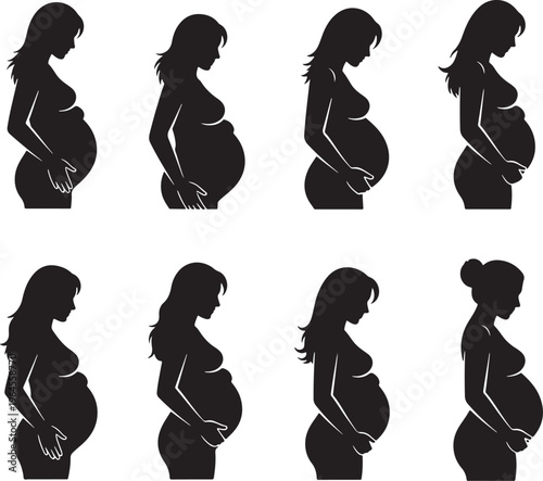 Pregnancy silhouettes, pregnant women icons, maternity vector set, black pregnant profiles