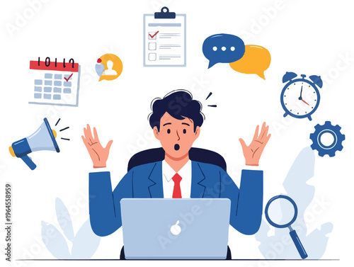 A male office worker in a blue suit and red tie looks surprised at his laptop screen as various business icons float in a circle around him.