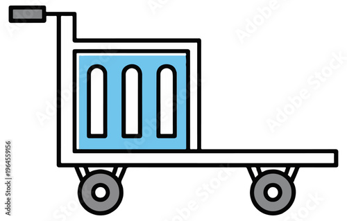 A simplified color illustration of a white metal flatbed trolley carrying a blue container with three white vertical stripes on two black wheels.