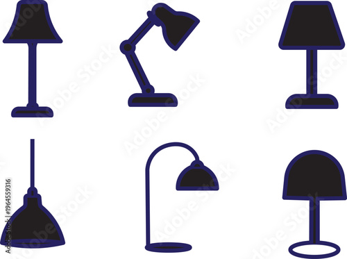 Collection of diverse desk lamp icons .Silhouette collection of various desk and table lamps