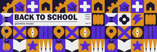 School education illustration with pattern book back and mosaic geometry icon.