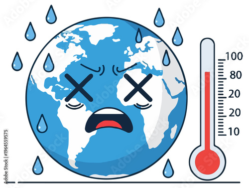 A cartoon illustration of a sweating Earth with crossed eyes standing next to a high temperature thermometer on a white background.