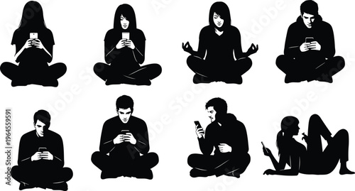 Set of Silhouette People Using Smartphones while Sitting, Men and Women Texting and Browsing, Technology Addiction and Digital Communication Concept,