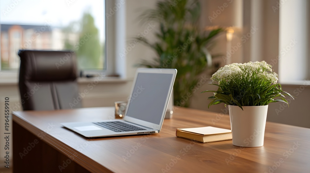 Fototapeta premium Serene modern office workspace with a wooden desk open laptop executive chair and decorative plant in natural light