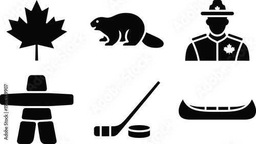 Canadian symbols icon set: maple leaf, beaver, mountie, inukshuk, hockey, canoe