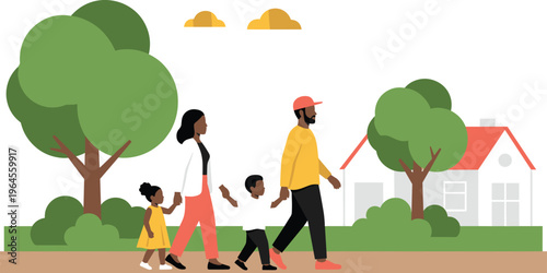 Isometric family walking outdoors, parents and children, suburban neighborhood, house, trees, bushes, clouds, pleasant lifestyle, family activity, flavector