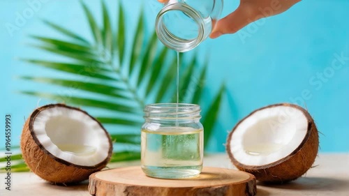 Fresh coconut oil pouring into a small glass jar with cracked coconuts and palm leaf, suitable for natural beauty, healthy cooking, organic products, wellness, and tropical themes.