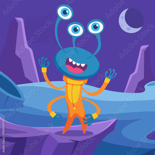 A cheerful cartoon alien with oversized eyes and a vibrant body is interacting in an imaginative outer space setting, highlighting elements of adventure and curiosity.