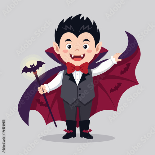 A cheerful young boy dressed as a vampire for Halloween, complete with a cape and bow tie, holding a bat wand in a whimsical, friendly cartoon style perfect for festive celebrations.