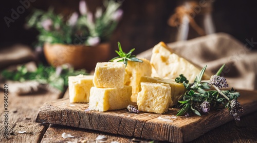 Fresh Organic Cheese Cubes on Wooden Board Surrounded by Herbs and Flowers in Rustic Kitchen Setting for Culinary Inspiration and Recipe Ideas