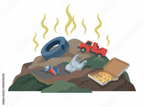A disturbing depiction of urban waste, this image captures a heap of trash including a tire, food remnants, and plastic, highlighting environmental concerns.