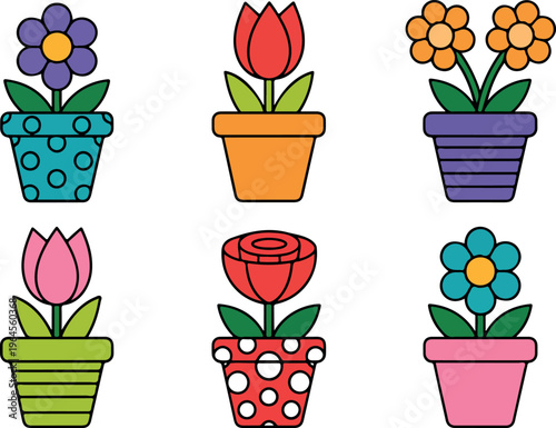 Vector set of flowers in pots, cute colorful houseplants collection, decorative indoor garden floral illustration bundle