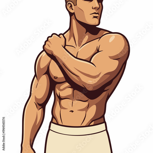 A stylized illustration of a muscular man posing confidently, revealing a fashionable silhouette without clothes, emphasizing strength and body positivity in art.