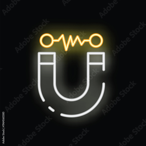 Neon sign of a magnet attracting with magnetic field lines glowing on a black background