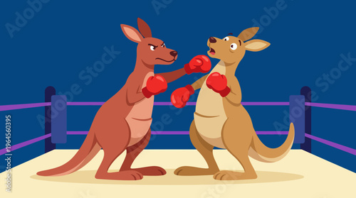 A vibrant cartoon illustration of two kangaroos in a boxing ring, showcasing their competitive spirit, with gloves on and an intense expression during the match.