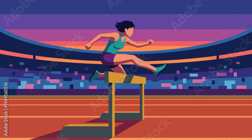 A determined female athlete gracefully jumps over a hurdle against a vibrant sunset backdrop, showcasing her strength and resilience in a competitive environment.