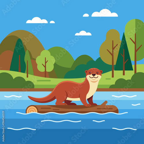 A whimsical illustration of a cute otter lying on a log in a serene river scene, surrounded by trees and a blue sky, creating a peaceful and heartwarming depiction of wildlife in nature.