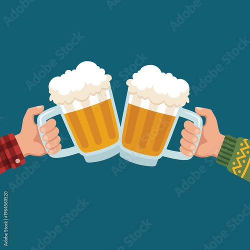 Two hands clinking their frosty beer mugs together in a festive celebration, capturing moments of joy and camaraderie shared over drinks among friends and loved ones.