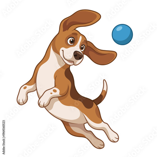 A spirited beagle leaps joyfully towards a shiny blue ball, embodying the essence of playfulness, excitement, and the unbreakable bond shared between pets and their owners.