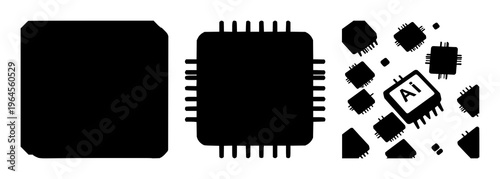 Solid black icon, white background: microchip with AI branding set with simple line art design featuring simple design, minimalist, black and white with illustrations and graphics