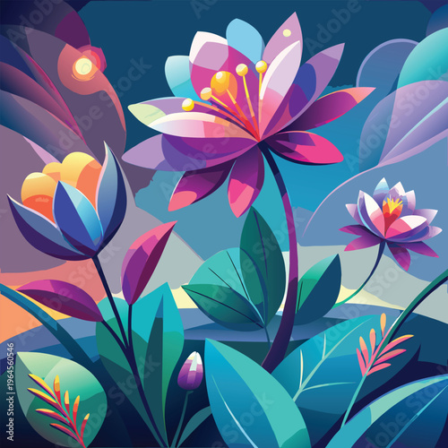 Exotic abstract floral illustration with bold purple and teal tones at dusk