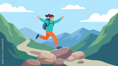 A cheerful young hiker joyfully leaps from rock to rock along a picturesque mountain trail, surrounded by lush greenery and majestic peaks under a bright, blue sky.