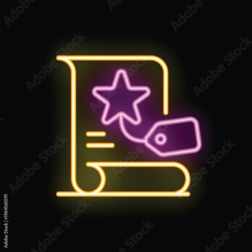 Neon glowing icon of loyalty program with star and price tag, representing customer reward system