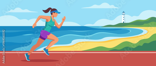 A determined woman jogs along a picturesque beach path, highlighting fitness, motivation, and the beauty of nature with a lighthouse in the distance under a bright sky.