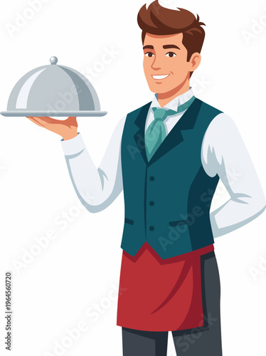 A cheerful waiter with a silver platter illustrates excellent service and hospitality, showcasing the crucial role of service in enhancing the dining experience.