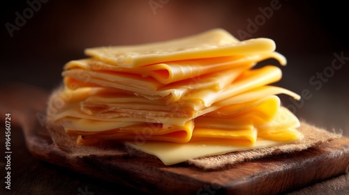 Stack of Smooth Cheese Slices on Wooden Cutting Board with Warm Lighting for Culinary and Food Photography