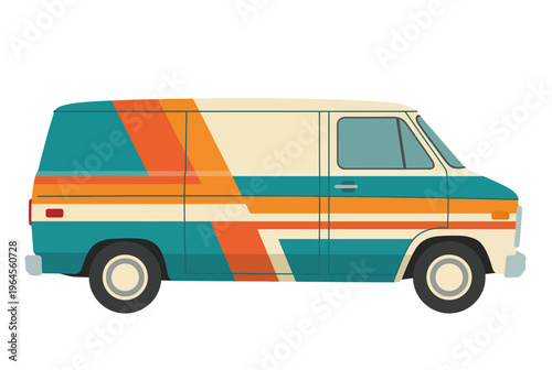 This vibrant retro van features eye-catching stripes and a vintage design, perfect for any creative project or nostalgic theme reflecting wanderlust and adventure.