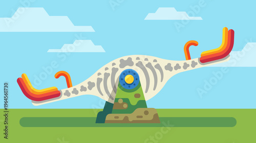 This striking image features a whimsical sculpture with bright, colorful details, resembling abstract shapes, set against a serene blue sky and green grass.