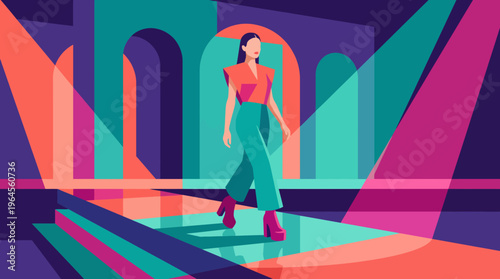 A stylish fashion model gracefully walks through a colorful, modern environment filled with bold geometric shapes and hues, showcasing the beauty of fashion and design.