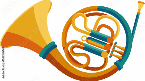 An imaginative illustration of a French horn, showcasing its intricate design and vibrant colors, emphasizing the beauty of musical instruments and the art of sound.