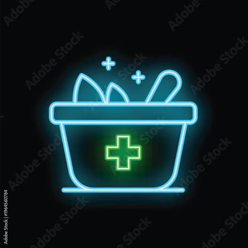 Bright neon medical marijuana sign with glowing green cross on black background