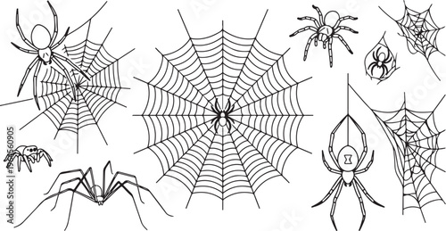Spider Web Corner Decorative Elements Black and White Vector Halloween Border Frame Line Art