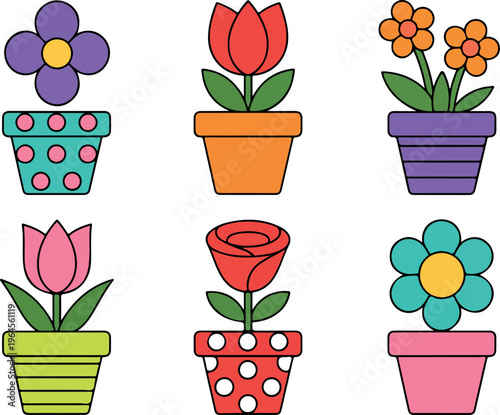 Vector set of flowers in pots, cute colorful houseplants collection, decorative indoor garden floral illustration bundle