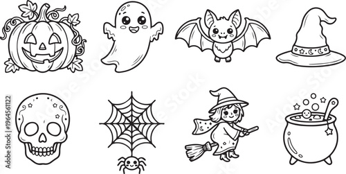 Halloween Icon Set Black and White Vector, Pumpkin Ghost Bat Skull Line Art Clipart