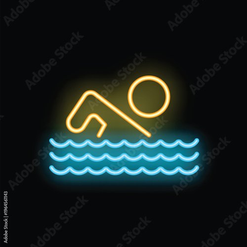 Neon swimmer icon glowing on dark background representing swimming pool activity, summer vacation and healthy lifestyle