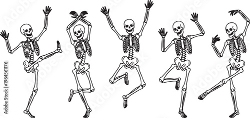 Skeleton Poses Black and White Vector Dancing Skeleton Halloween Character Line Art Illustration