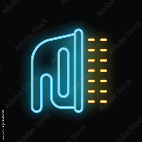 Blue neon glowing iron releasing steam for clothes ironing on black background