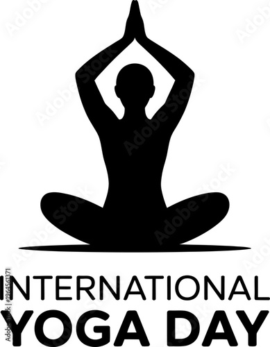 Black silhouette of person in tree yoga pose with international yoga day text