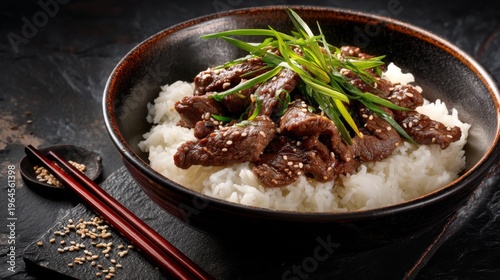 Delicious bowl of tender beef slices served over fluffy white rice, garnished with fresh green onions and sesame seeds for a flavorful Asian dish