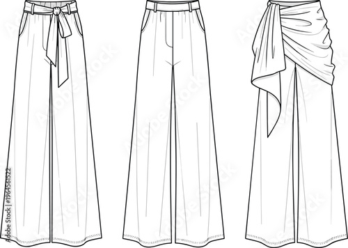 Technical CAD Drawing Flat Vector Illustration of Women Wide Leg Trousers Set Featuring Belted Waistband and Draped Wrap Overlay Detail
