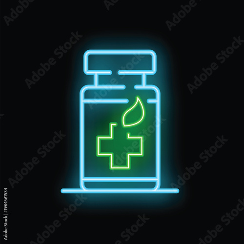 Glowing neon blue medicine bottle with a green cross and leaf representing natural medicine and holistic remedies